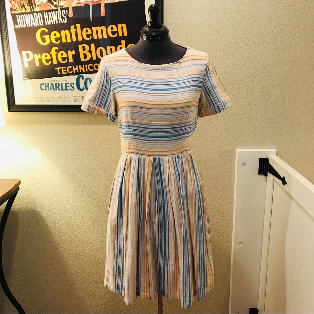 Blue, yellow, and white striped dress